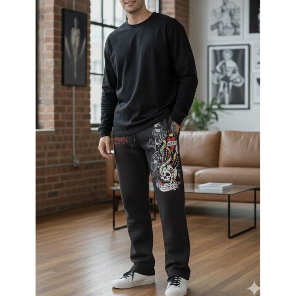 Ed Hardy Skull Logo Sweatpants M Charcoal Love Kills Slowly Retro Y2K NEW